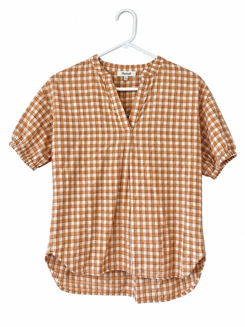 Madewell Tan and White Gingham Split V-Neck Short Sleeve Top